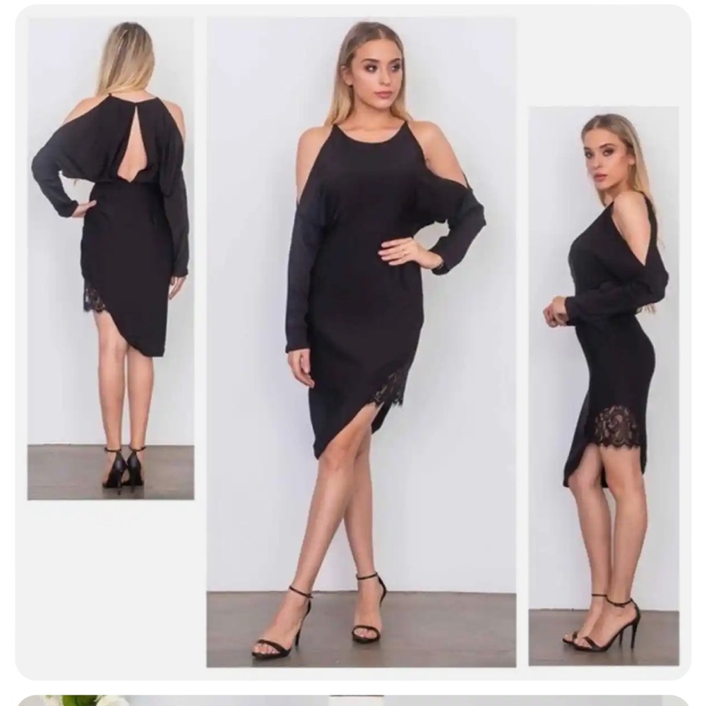 Do + Be Black Asymmetrical Cold Shoulder Lace Detail Dress